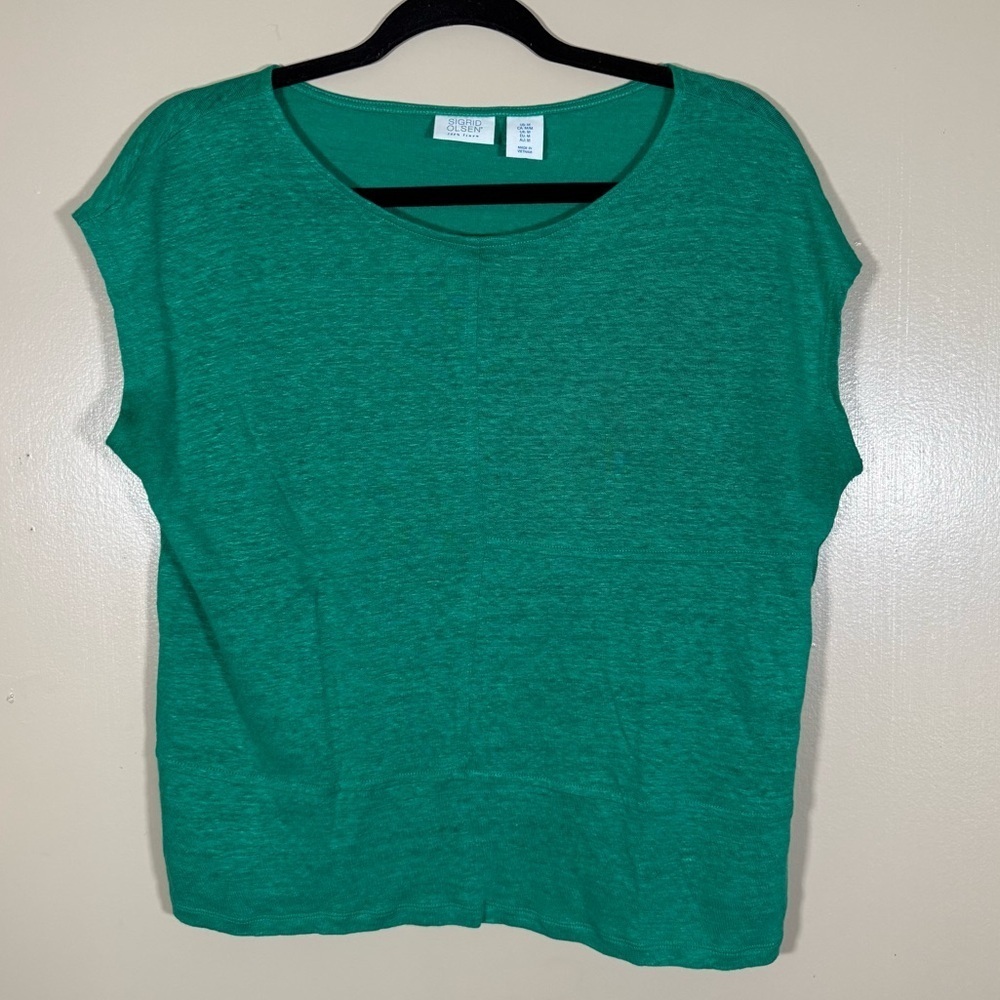 Sigrid Olsen Short Sleeve lightweight sheer linen Blouse Green Size Medium